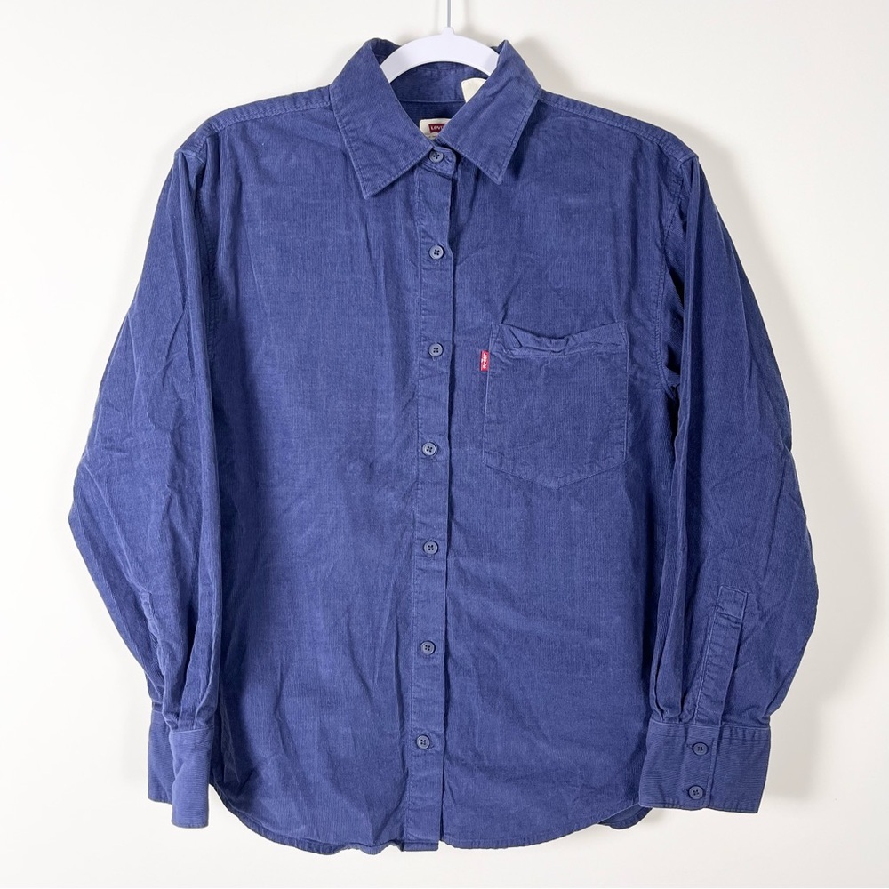 Levis Womens Nola Corduroy Blue Long Sleeve Button Down Shirt Oversized Size Xs